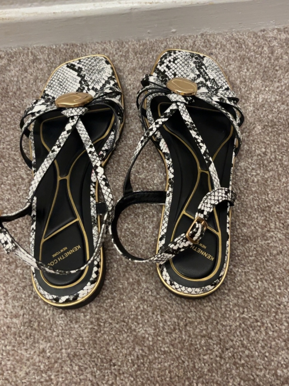 Kenneth Cole Black & White Snake-Print Strappy Sandals with Gold Accents